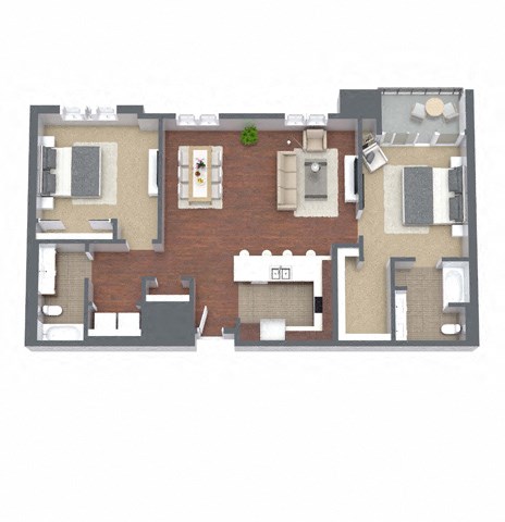2F – 2 Bedroom 2 Bath Floor Plan Layout – 1360 Square Feet
